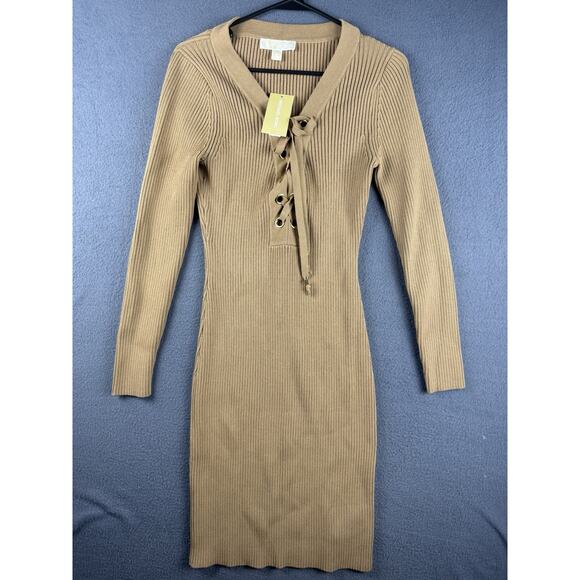NWT Michael Kors Sweater Dress M Ribbed Knit Lace-Up Bodycon Party Stretch - Picture 1 of 8